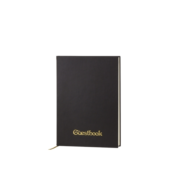 Libro ospiti in ecopelle nera con dicitura "Guestbook" impressa e dorata
